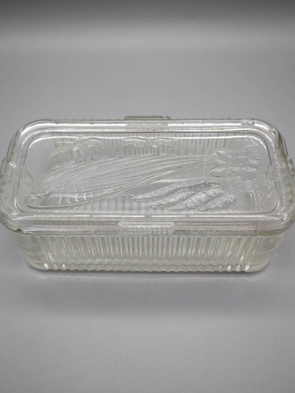 Vtg '30s Federal Glass Clear Refrigerator Dish Embossed Vegetable Lid Ribbed 8"L